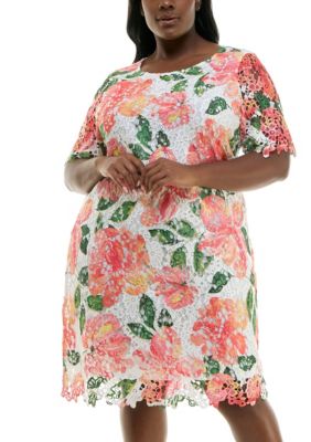 Nina Leonard Women's Floral Print Lace Dress, Mango, 1X