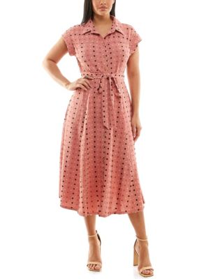 Nina Leonard Women's Swiss Dot Collared Button Front Shirt Dress, Salmon, XL