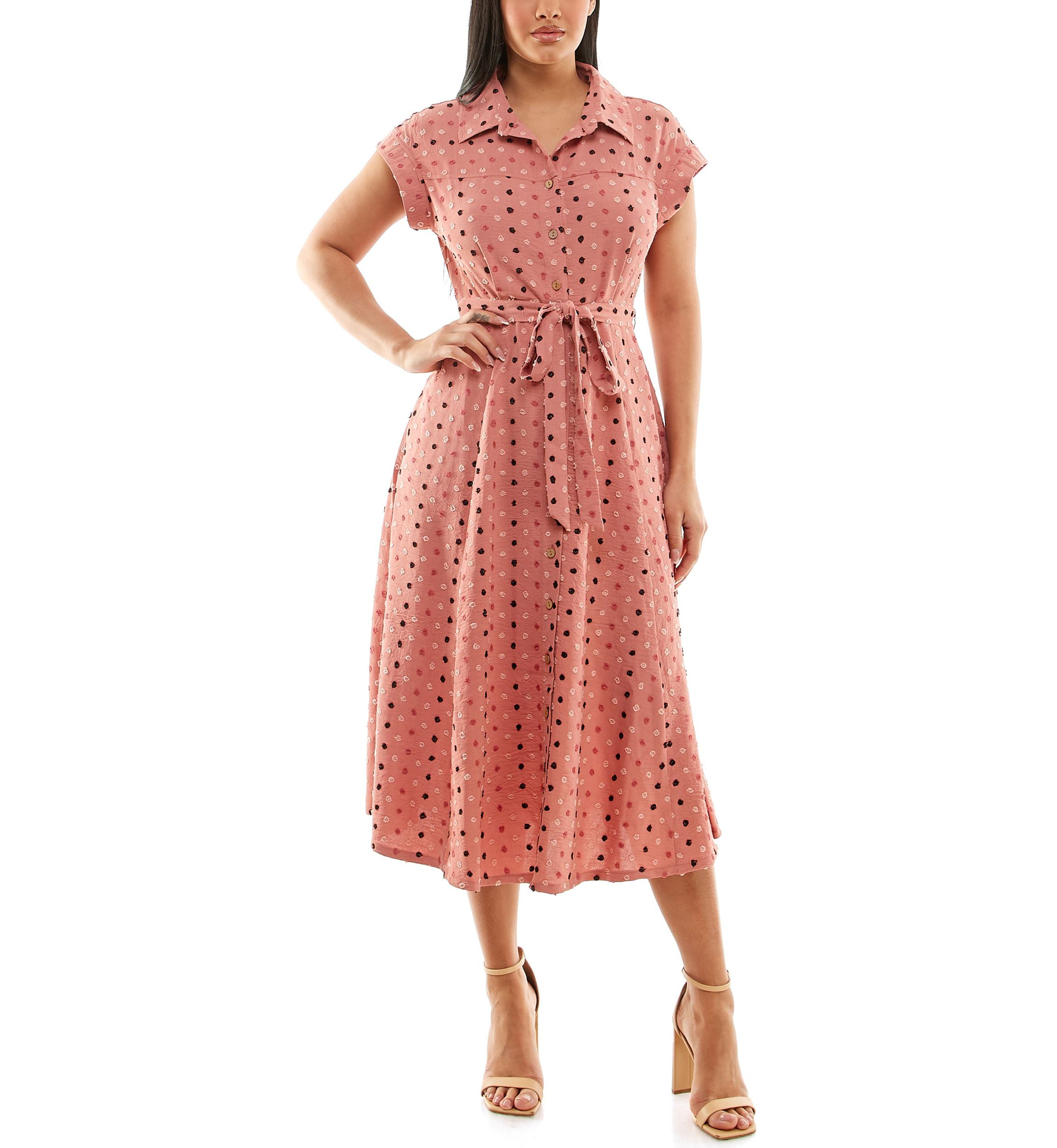 Swiss Dot Collared Button Front Shirt Dress