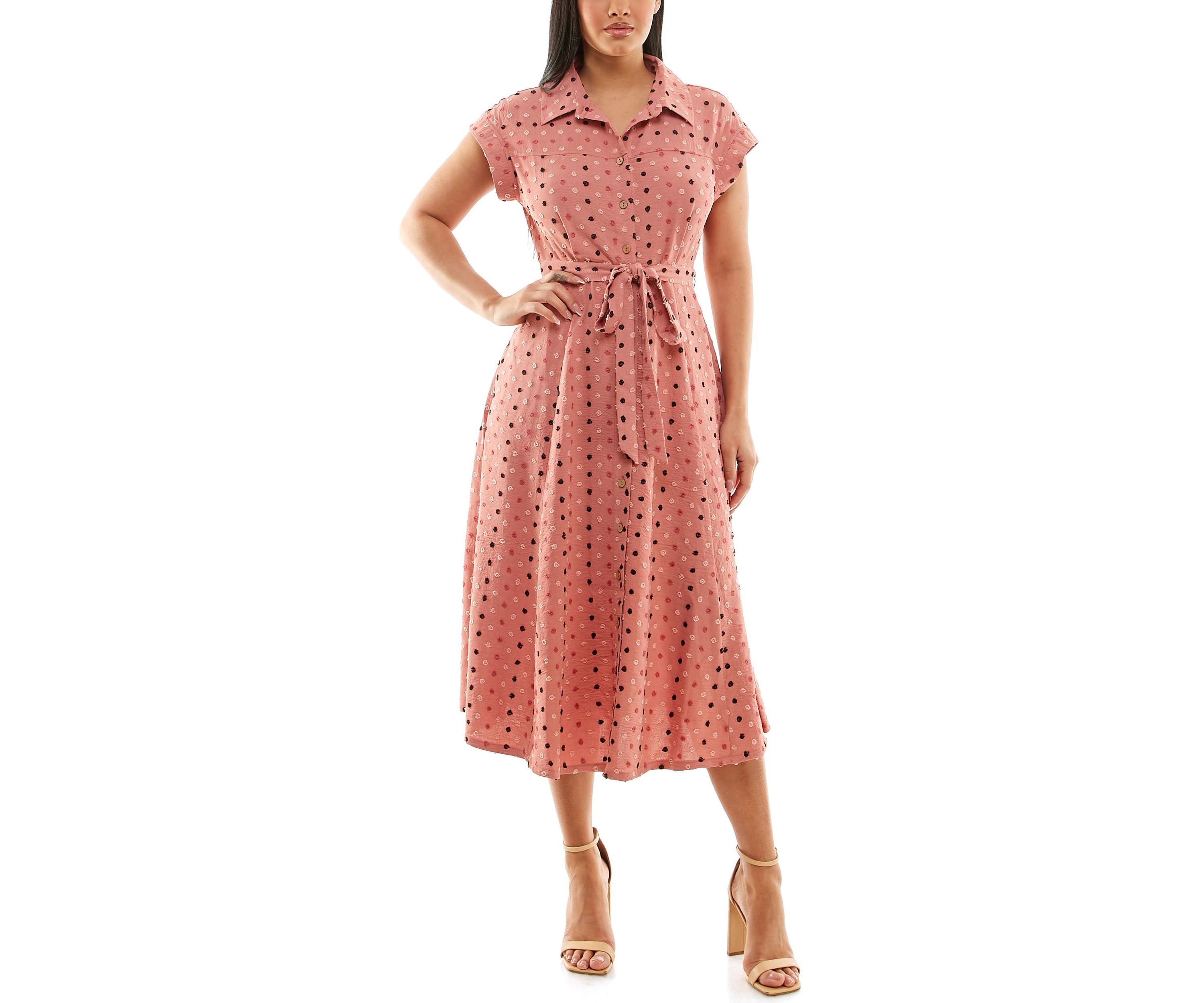 Swiss Dot Collared Button Front Shirt Dress