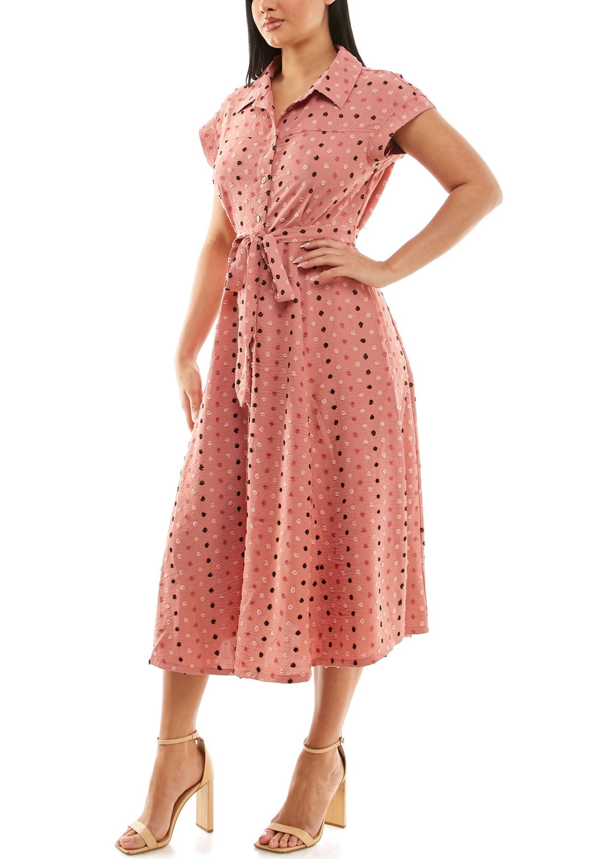 Swiss Dot Collared Button Front Shirt Dress