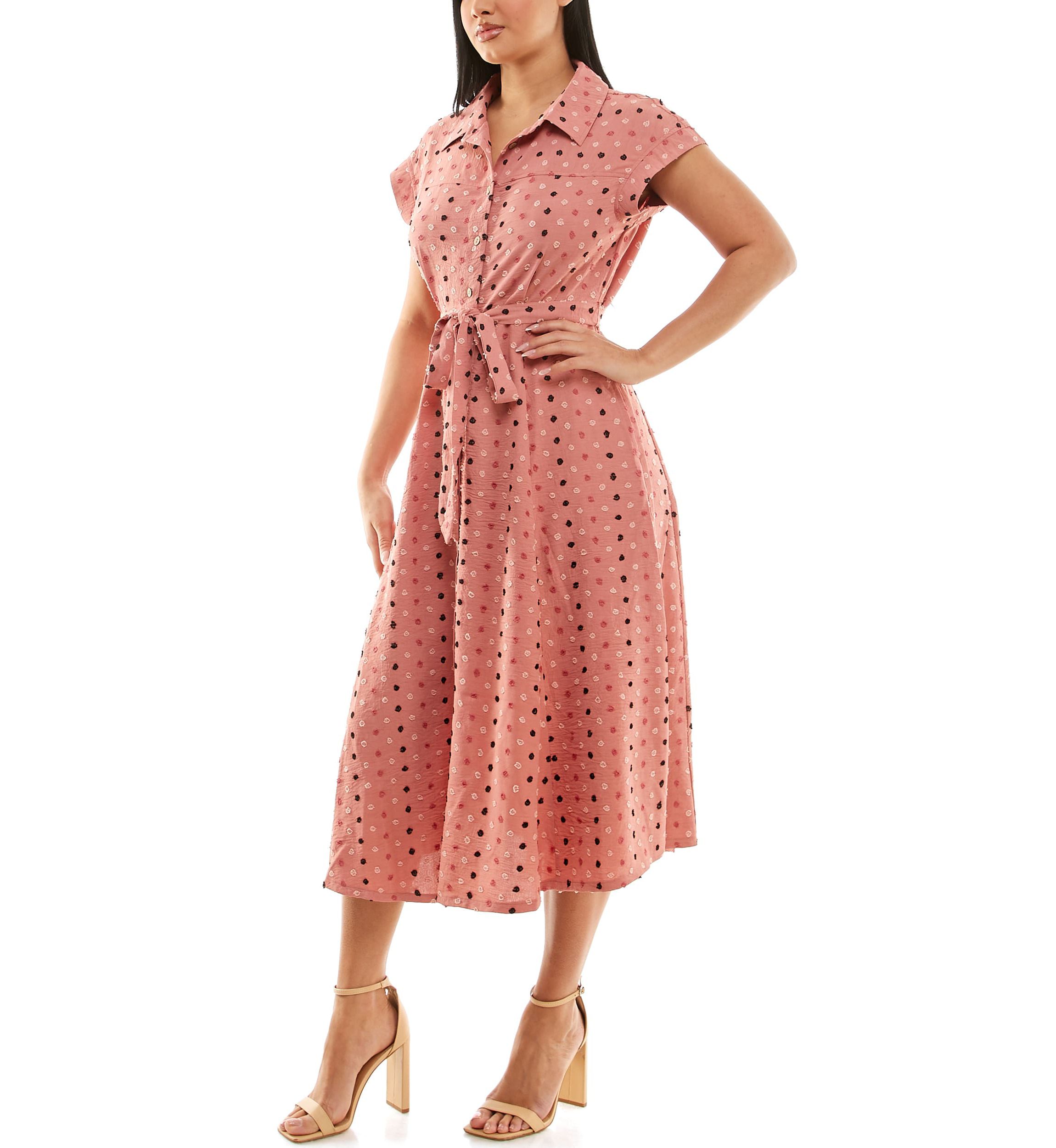 Swiss Dot Collared Button Front Shirt Dress