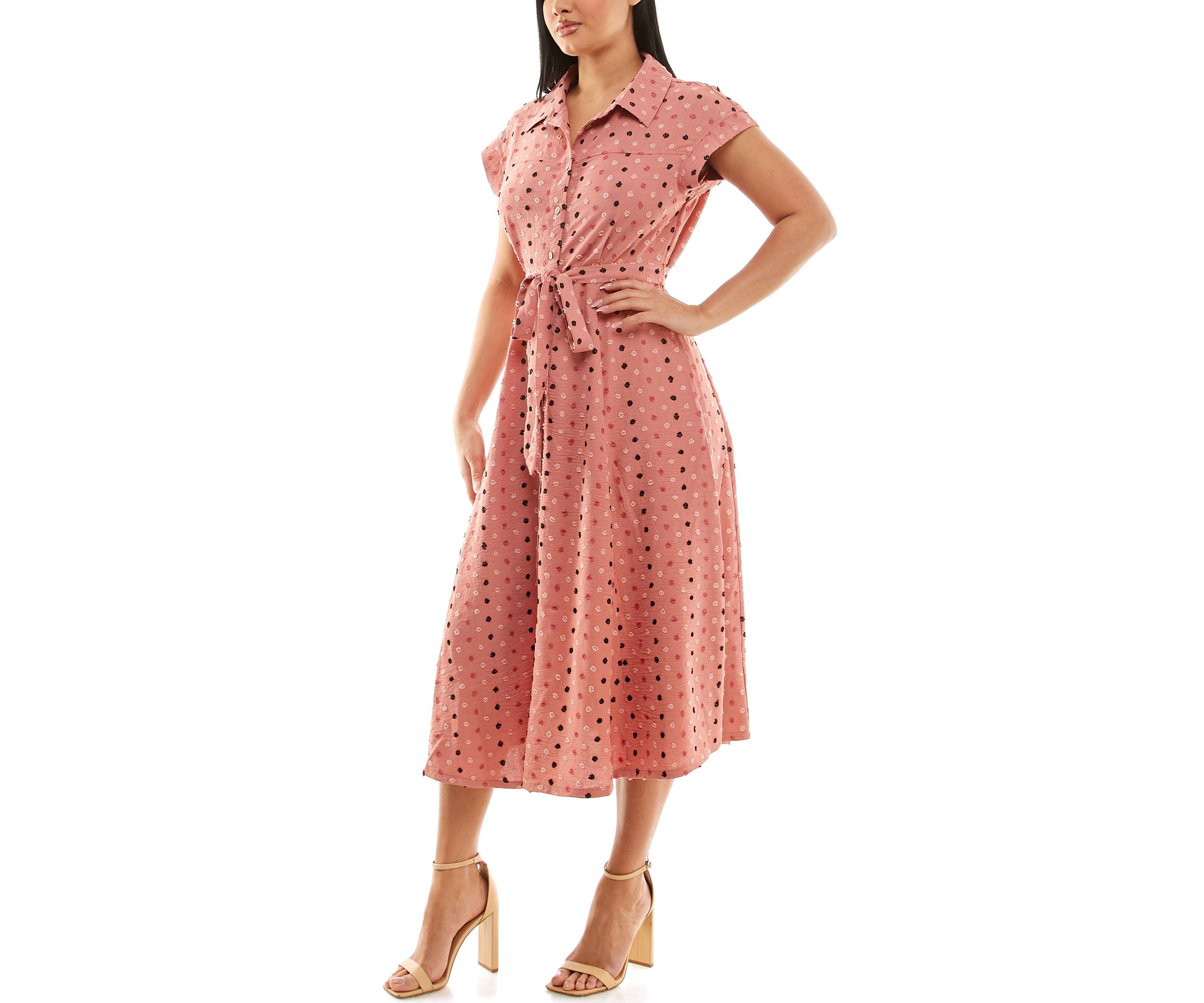 Swiss Dot Collared Button Front Shirt Dress