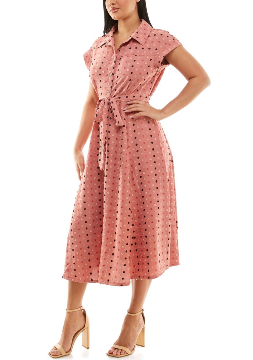 Swiss Dot Collared Button Front Shirt Dress