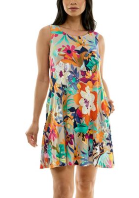 Nina Leonard Women's Puff Print Trapeze Pocket Dress