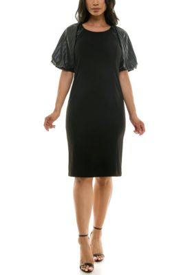 Nina Leonard Women's Pleat Puff Sleeve Dress