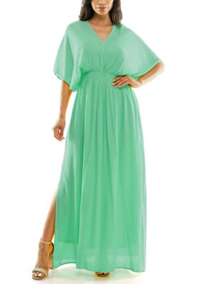 Nina Leonard Women's V-Neck Gauze Maxi With Slits Prints