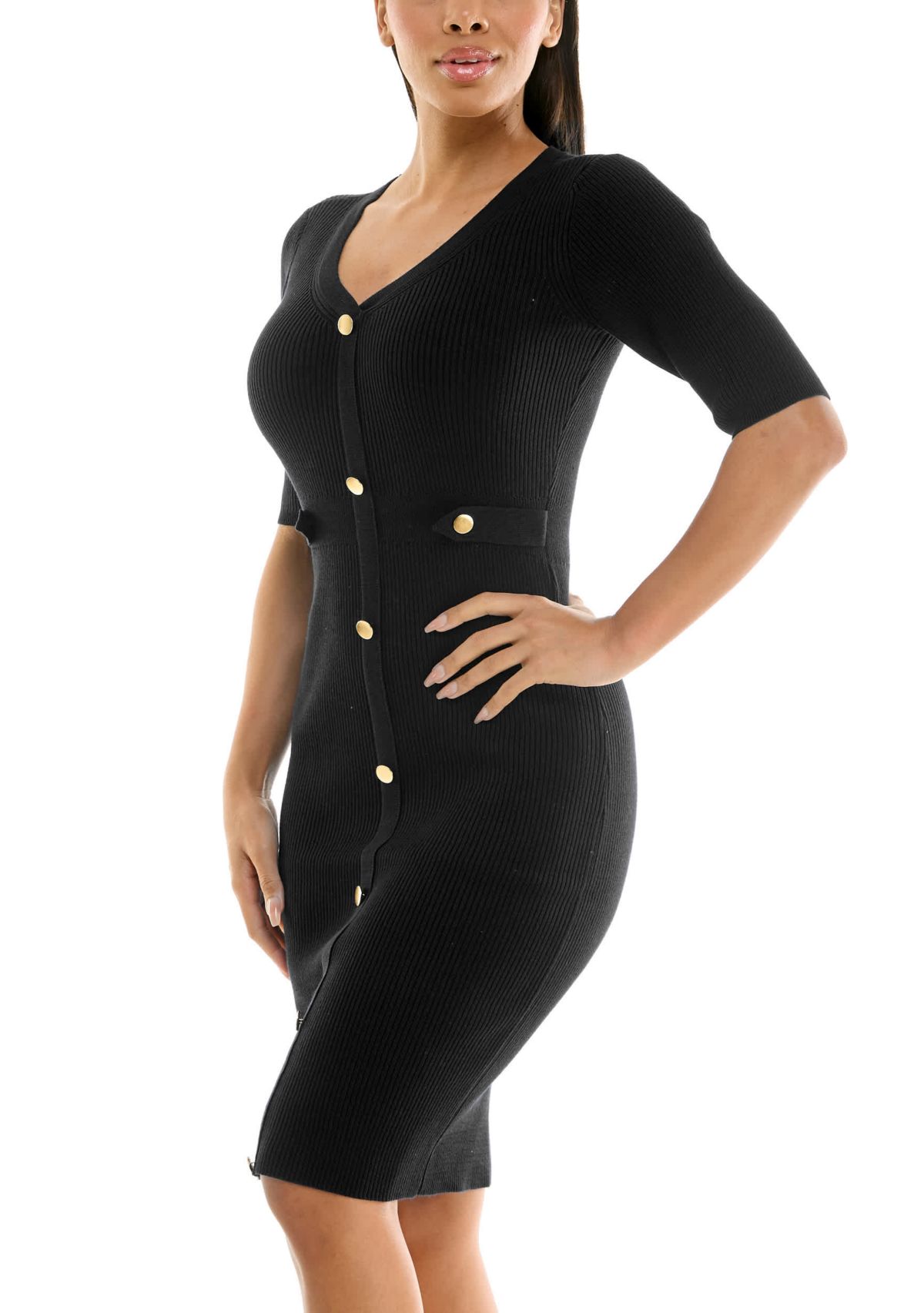 Ribbed sweater dress with faux front pockets