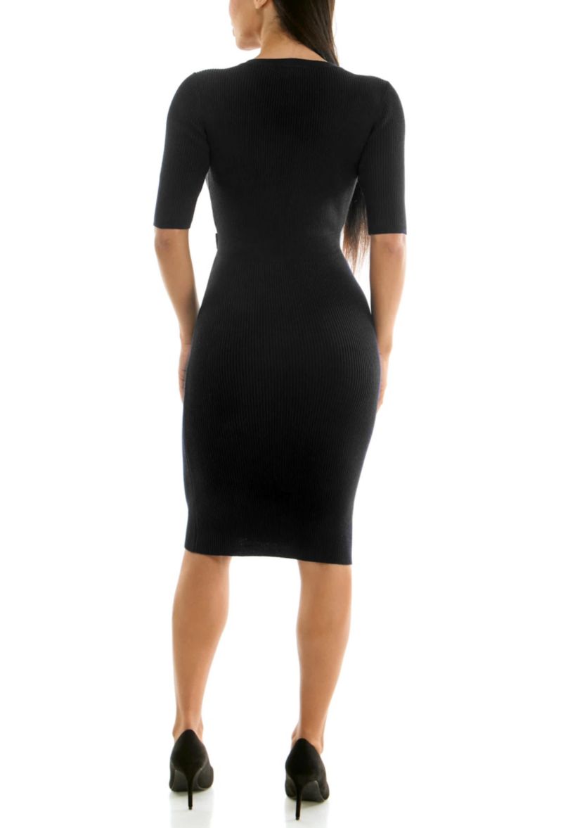 Ribbed sweater dress with faux front pockets