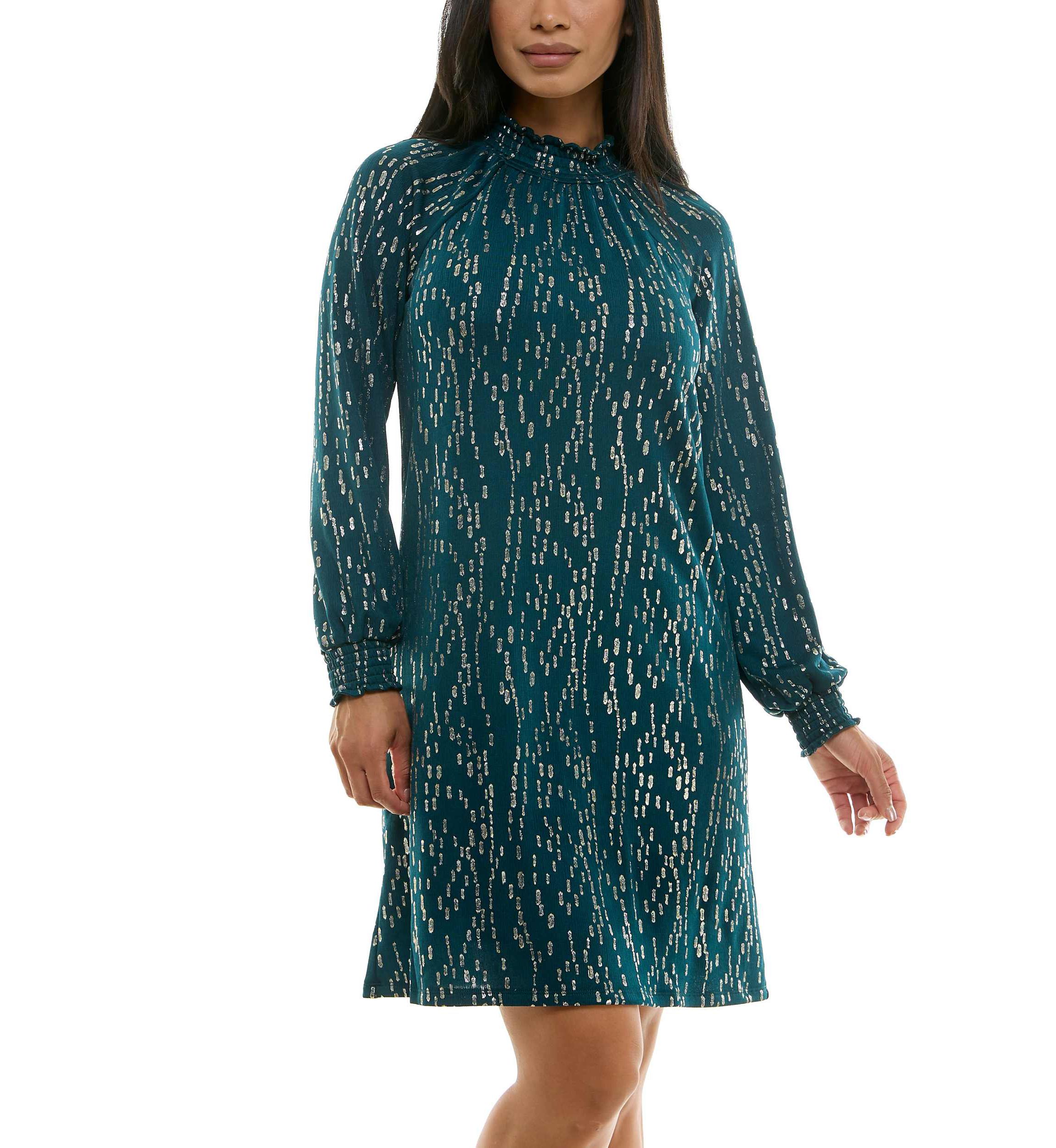 Shirred Mock Neck Foil Dress