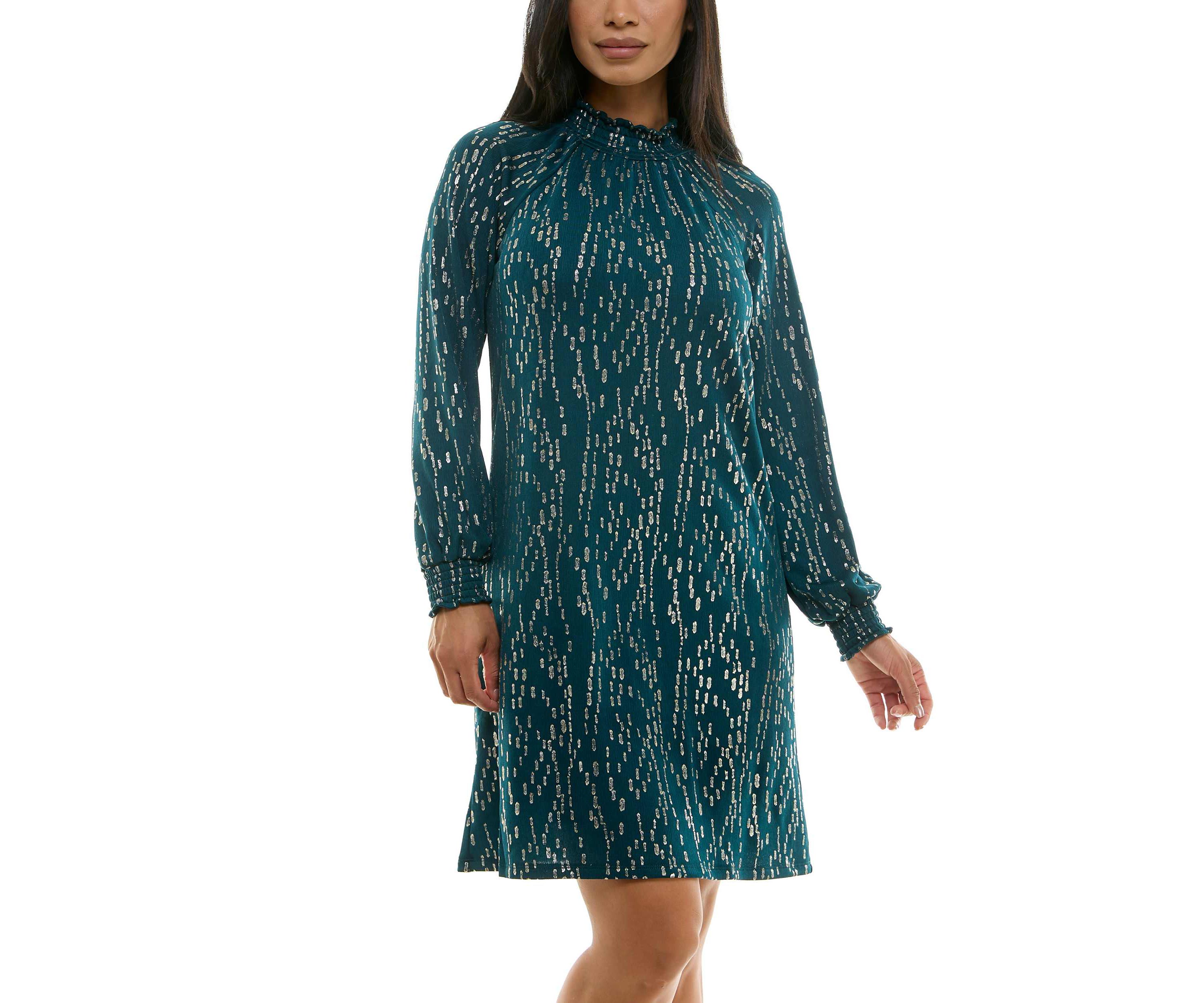 Shirred Mock Neck Foil Dress