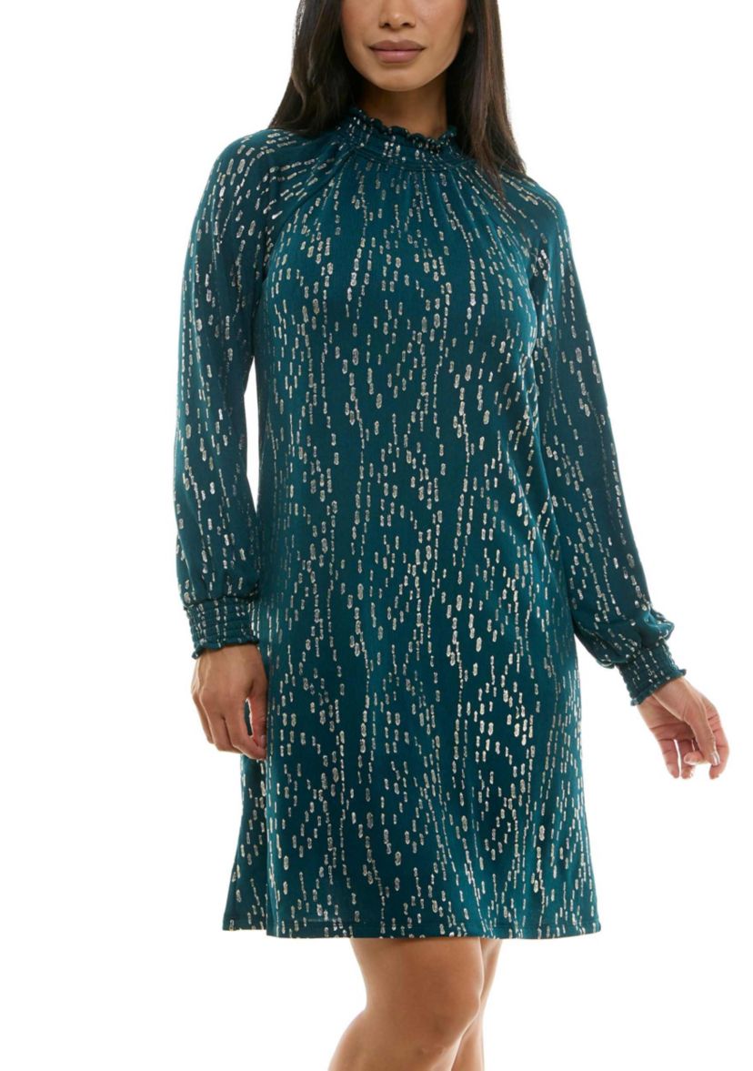 Shirred Mock Neck Foil Dress