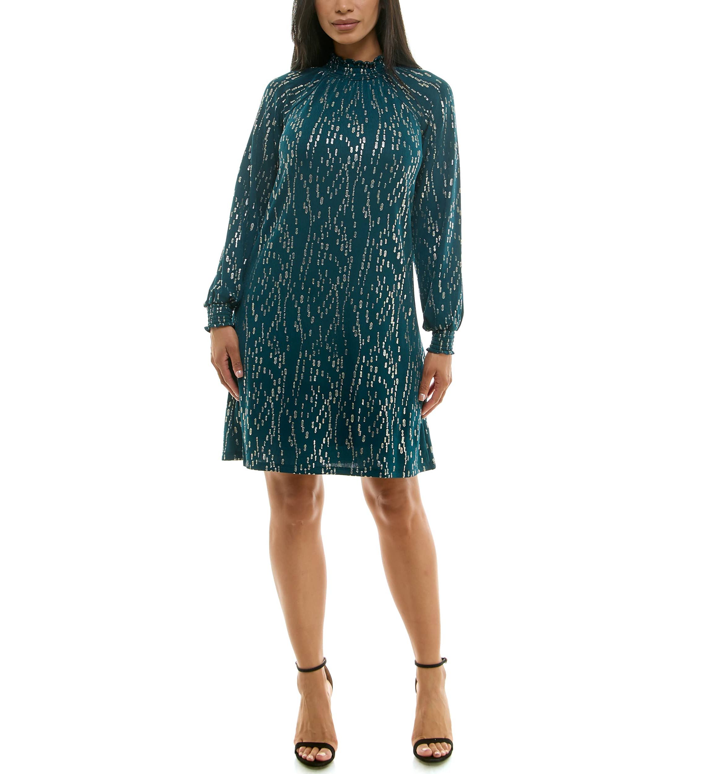 Shirred Mock Neck Foil Dress
