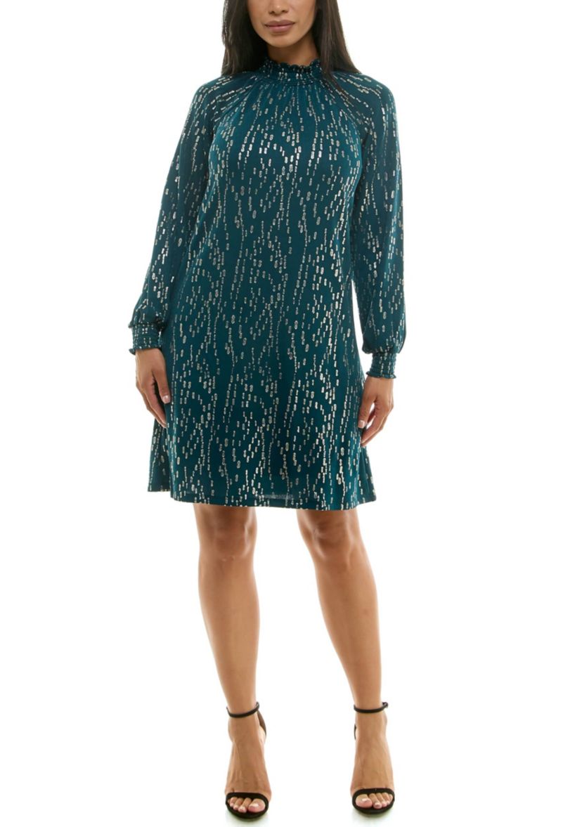 Shirred Mock Neck Foil Dress