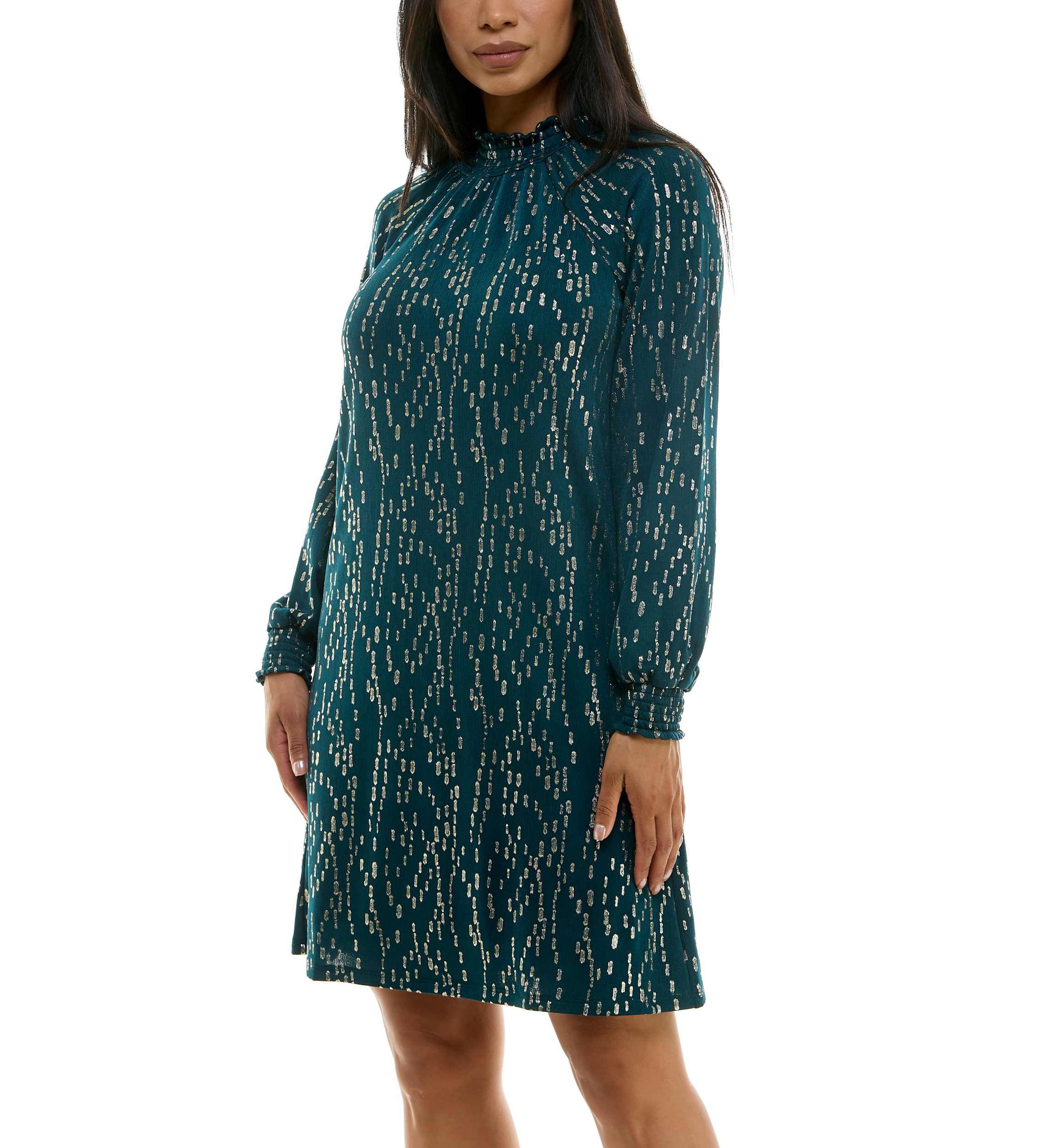 Shirred Mock Neck Foil Dress