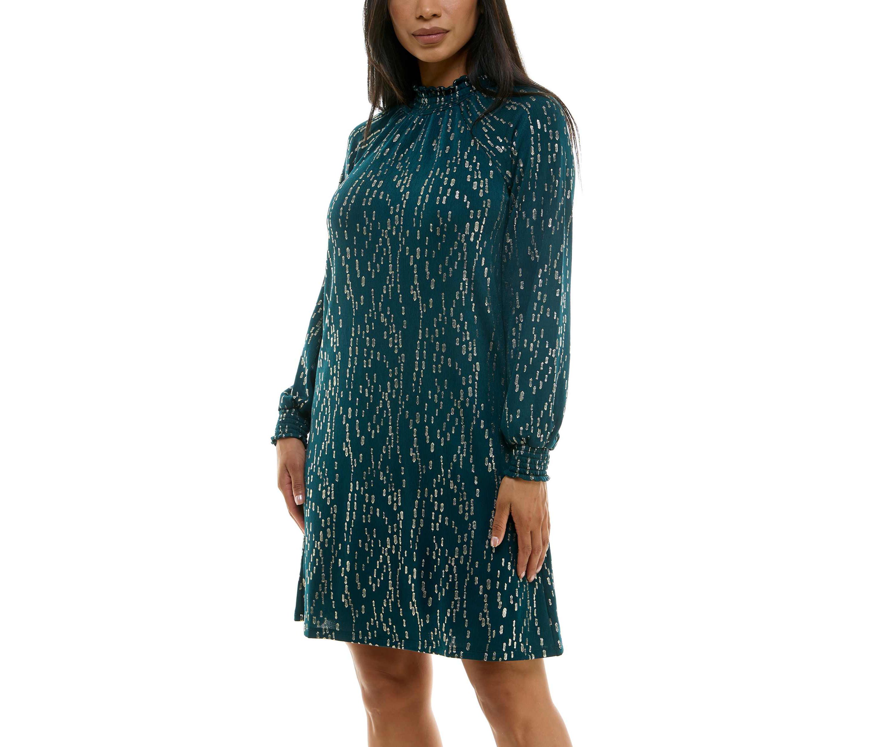 Shirred Mock Neck Foil Dress