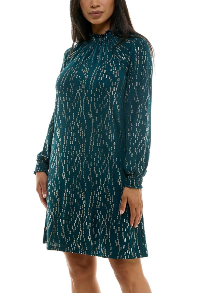 Shirred Mock Neck Foil Dress