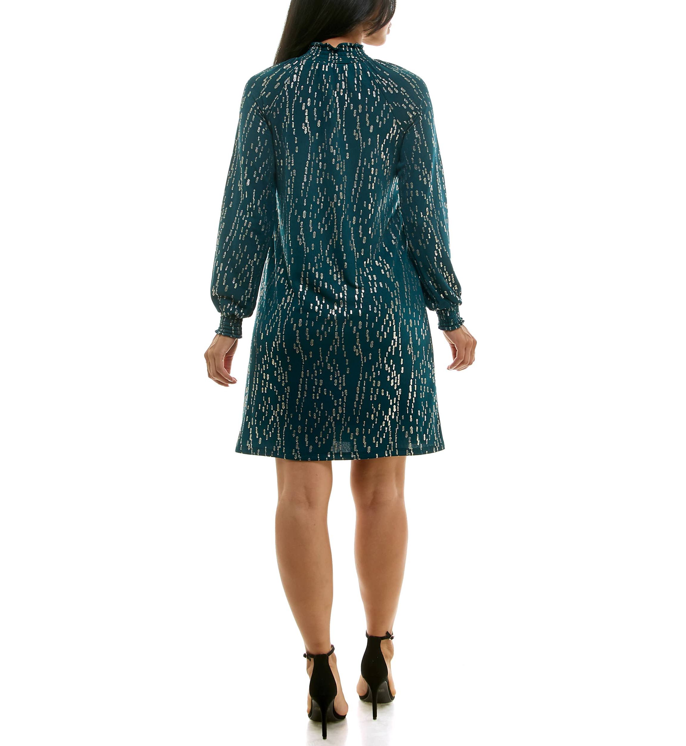 Shirred Mock Neck Foil Dress