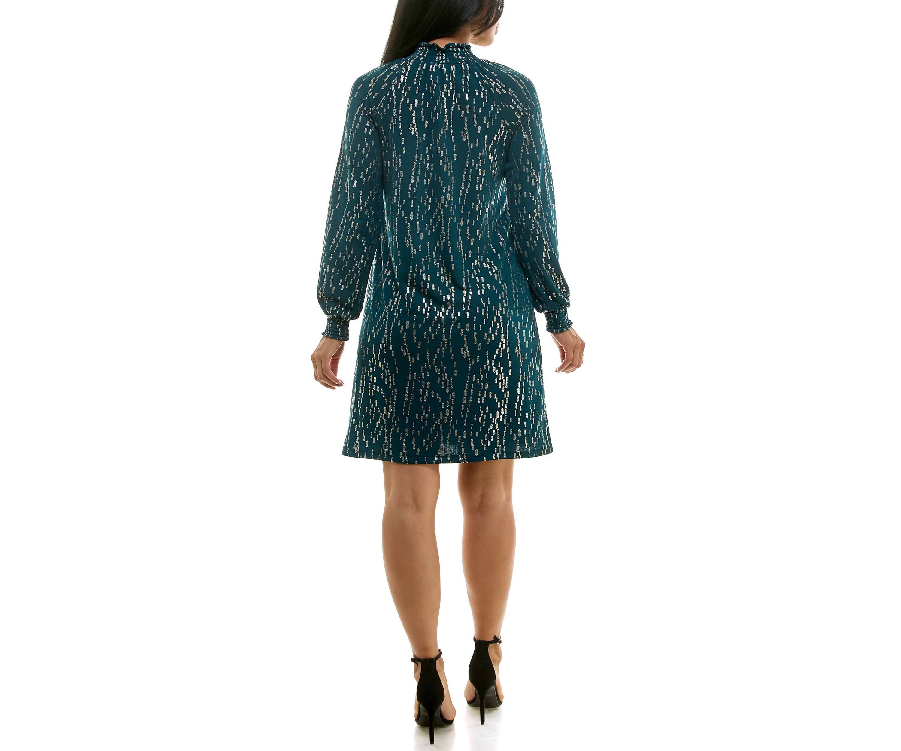 Shirred Mock Neck Foil Dress