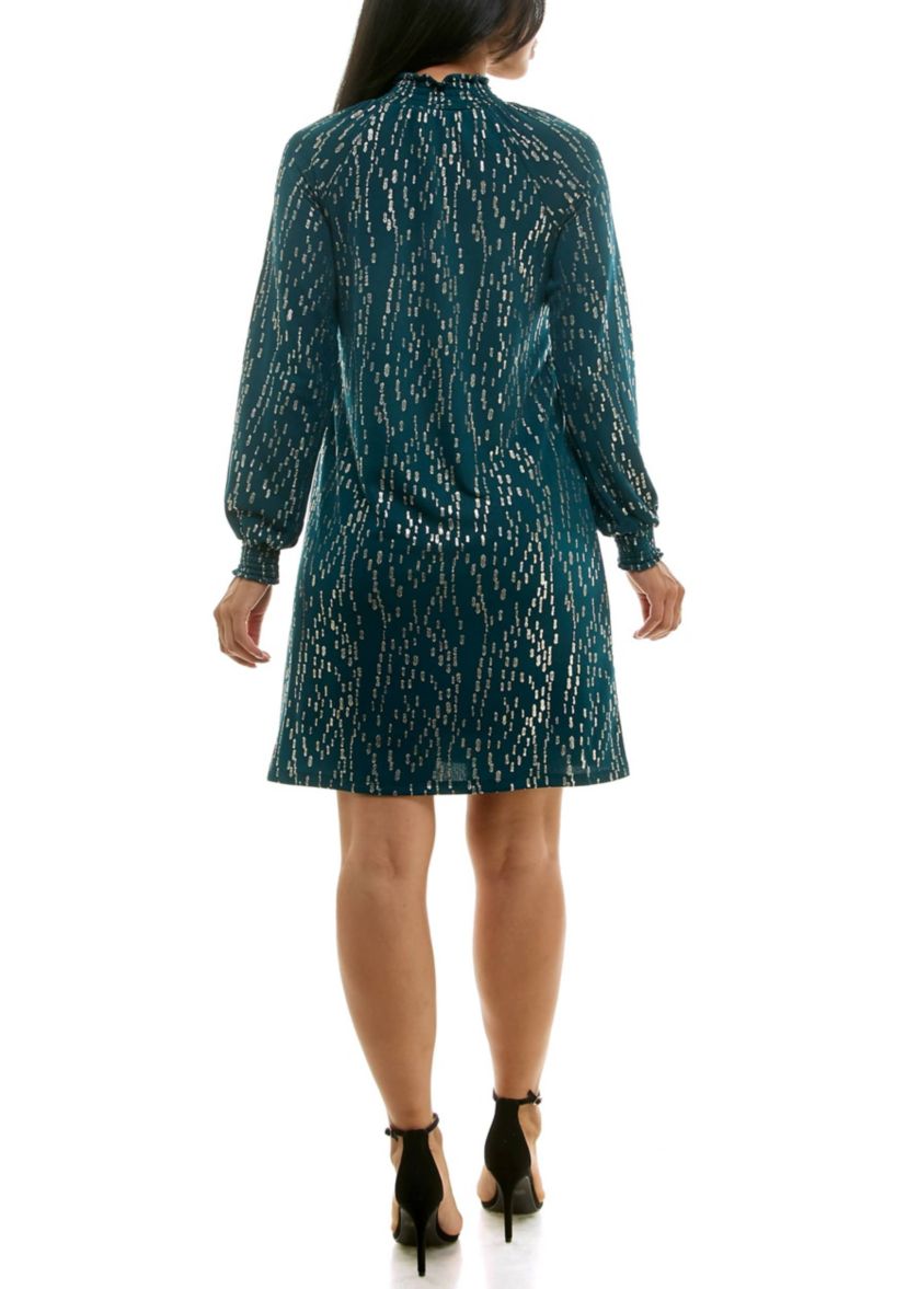 Shirred Mock Neck Foil Dress