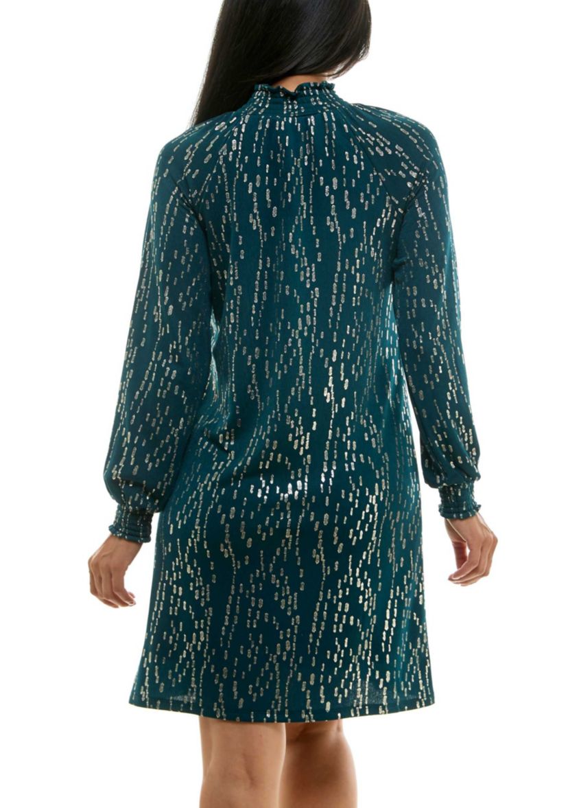 Shirred Mock Neck Foil Dress
