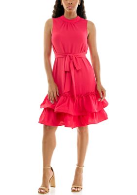 Nina Leonard Women's Tiered Flounce Self Sash Dress