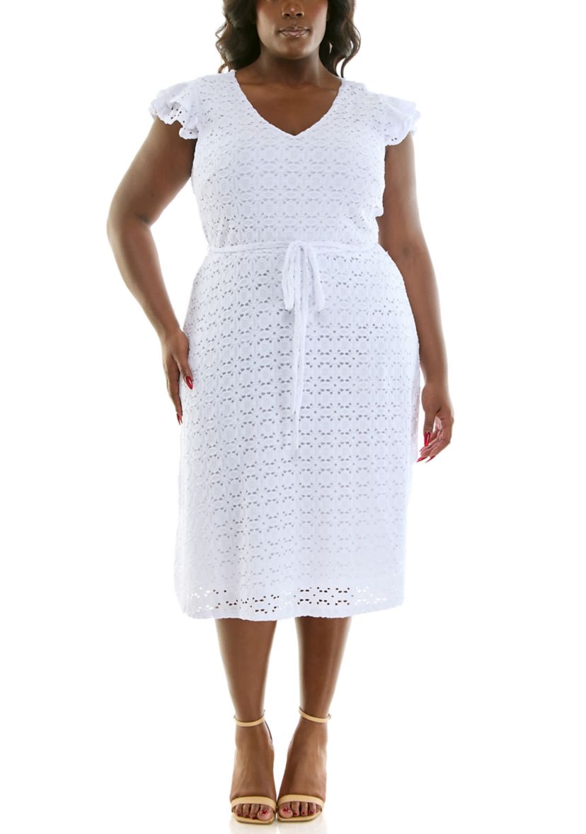 Nina Leonard Women's Plus V Neck Fit and Flare Dress, White, 2X