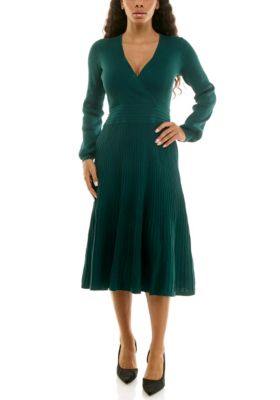 Nina Leonard Women's Long Sleeve Fit and Flare Ribbed Sweater Dress