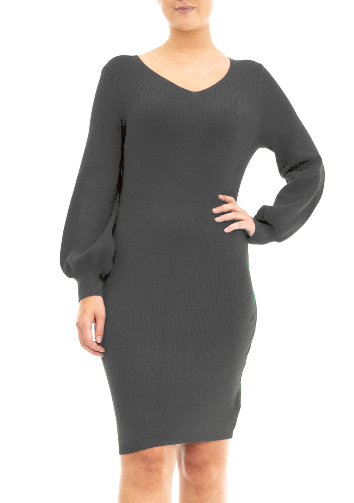 Balloon Sleeve Ribbed Knit Sweater Dress