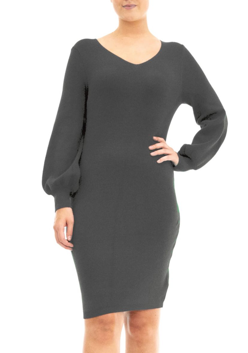 Balloon Sleeve Ribbed Knit Sweater Dress