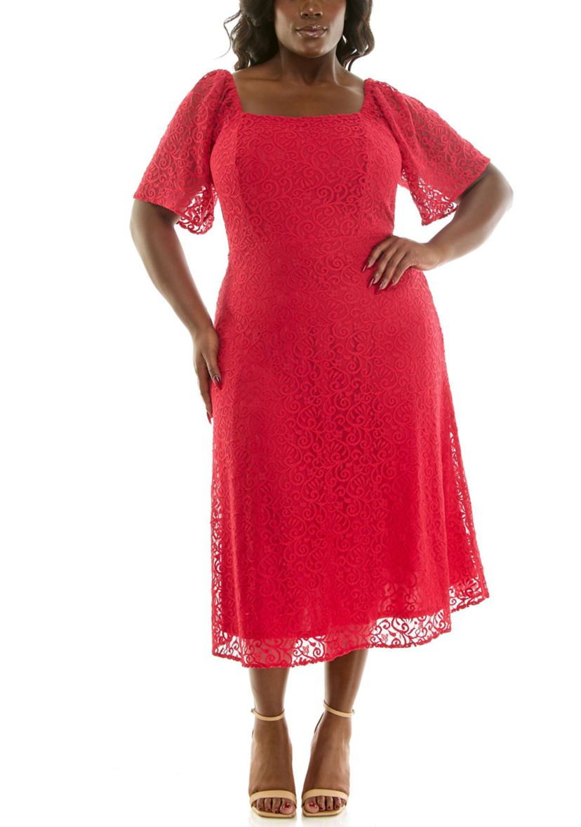 nina leonard embroidered lace yoke dress Nina Leonard Plus Size Flutter Square Neck Lace Dress