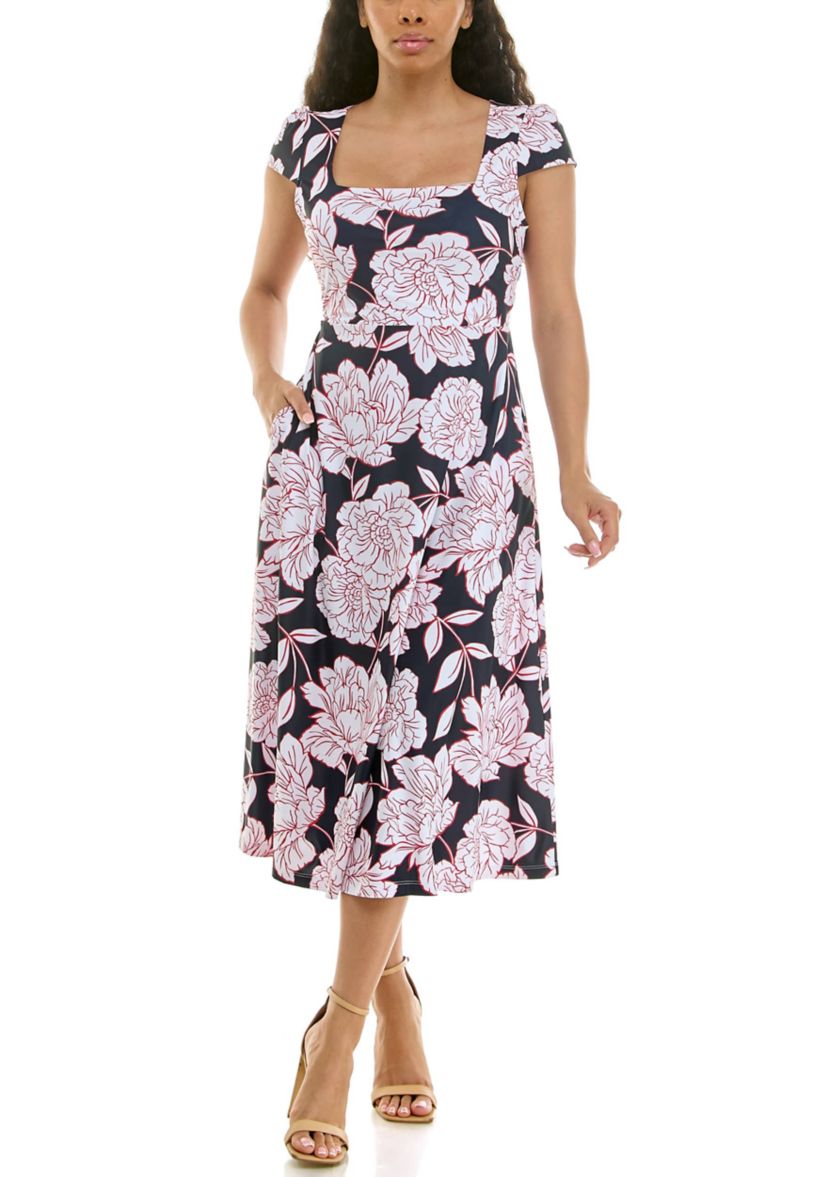 Nina Leonard Printed Fit and Flare Lace Up Dress | Belk