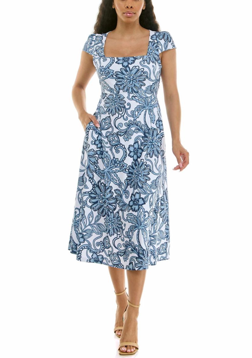 Nina Leonard Printed Fit and Flare Lace Up Dress | Belk