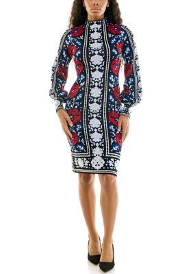 Nina Leonard Women's Mock Neck Long Sleeve Jacquard Sweater Dress