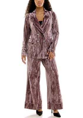 Nina Leonard Women's Two-Piece Novelty Velvet Blazer and Wide-Leg Pant Set