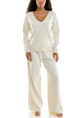 Nina Leonard Women's Two-Piece V-Neck Sweater Top and Wide-Leg Pant Set, Ivory, XL