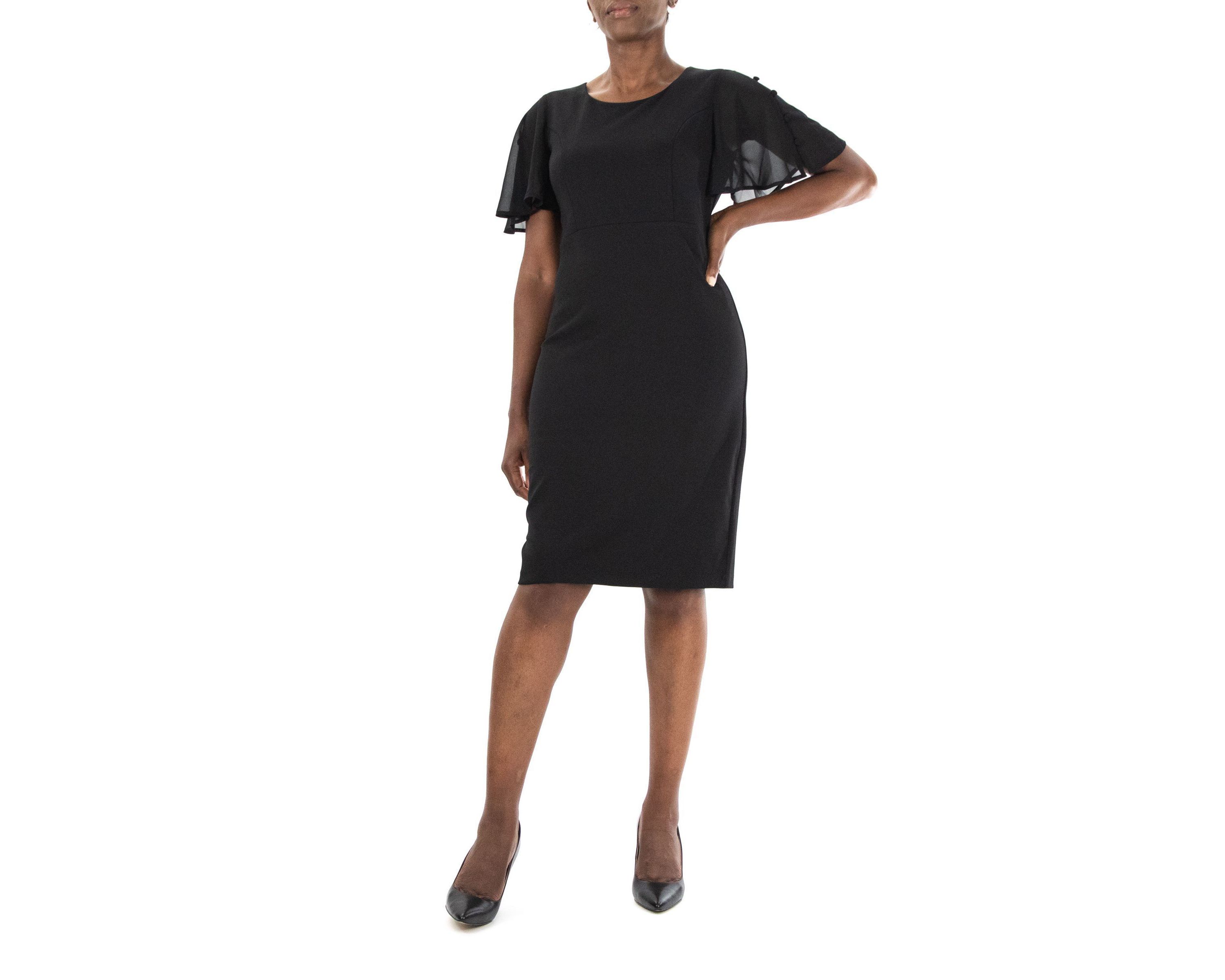 Jewel Neck High Tech Crepe Sheath Flutter Sleeve Dress