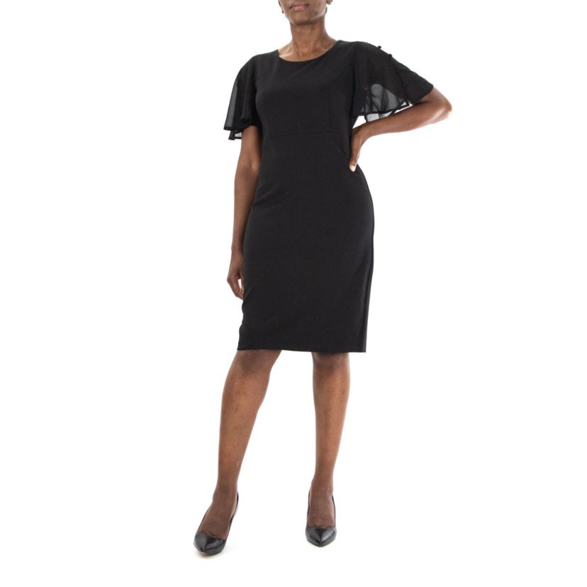 Jewel Neck High Tech Crepe Sheath Flutter Sleeve Dress
