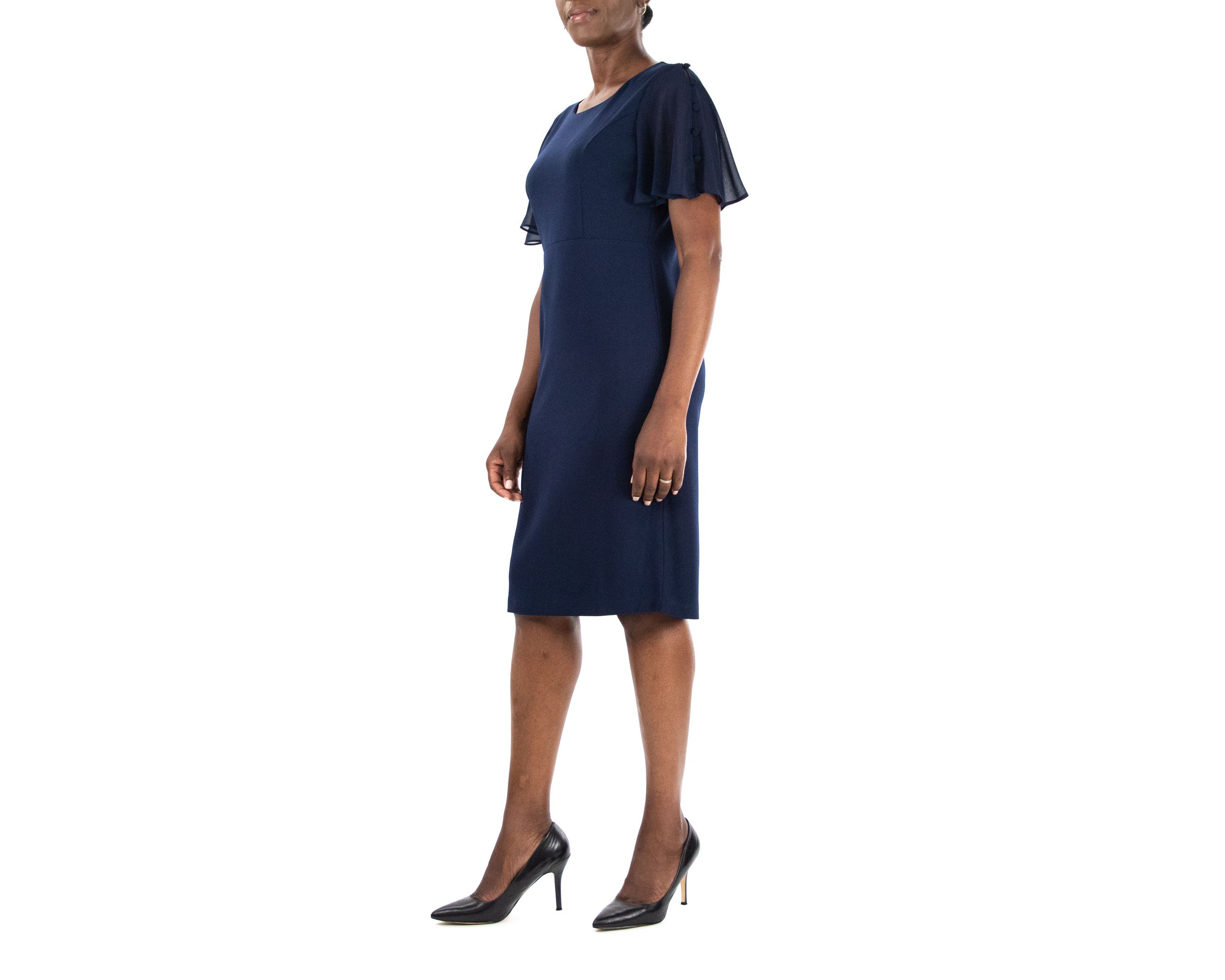 Jewel Neck High Tech Crepe Sheath Flutter Sleeve Dress