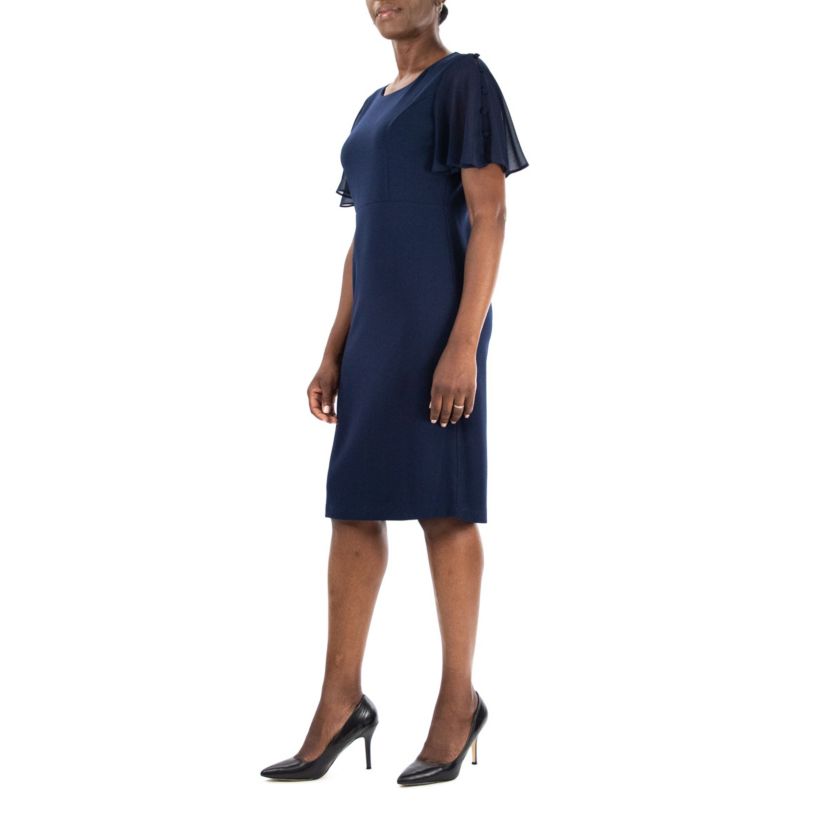 Jewel Neck High Tech Crepe Sheath Flutter Sleeve Dress