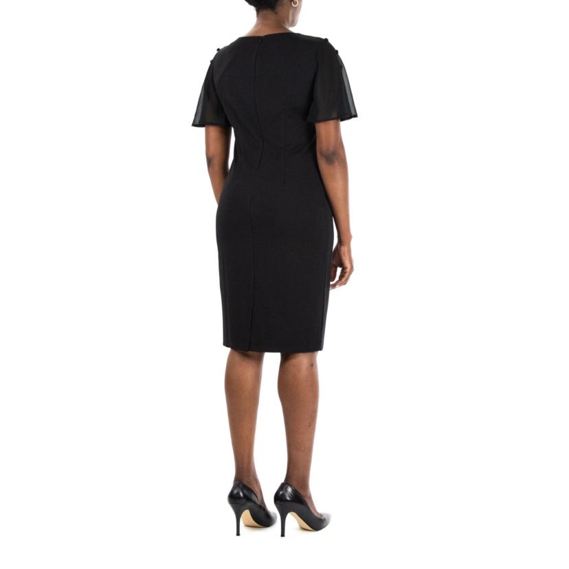 Jewel Neck High Tech Crepe Sheath Flutter Sleeve Dress