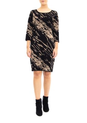Nina Leonard Women's 3/4 Jewel Neck Sweater Sheath Jacquard Dress