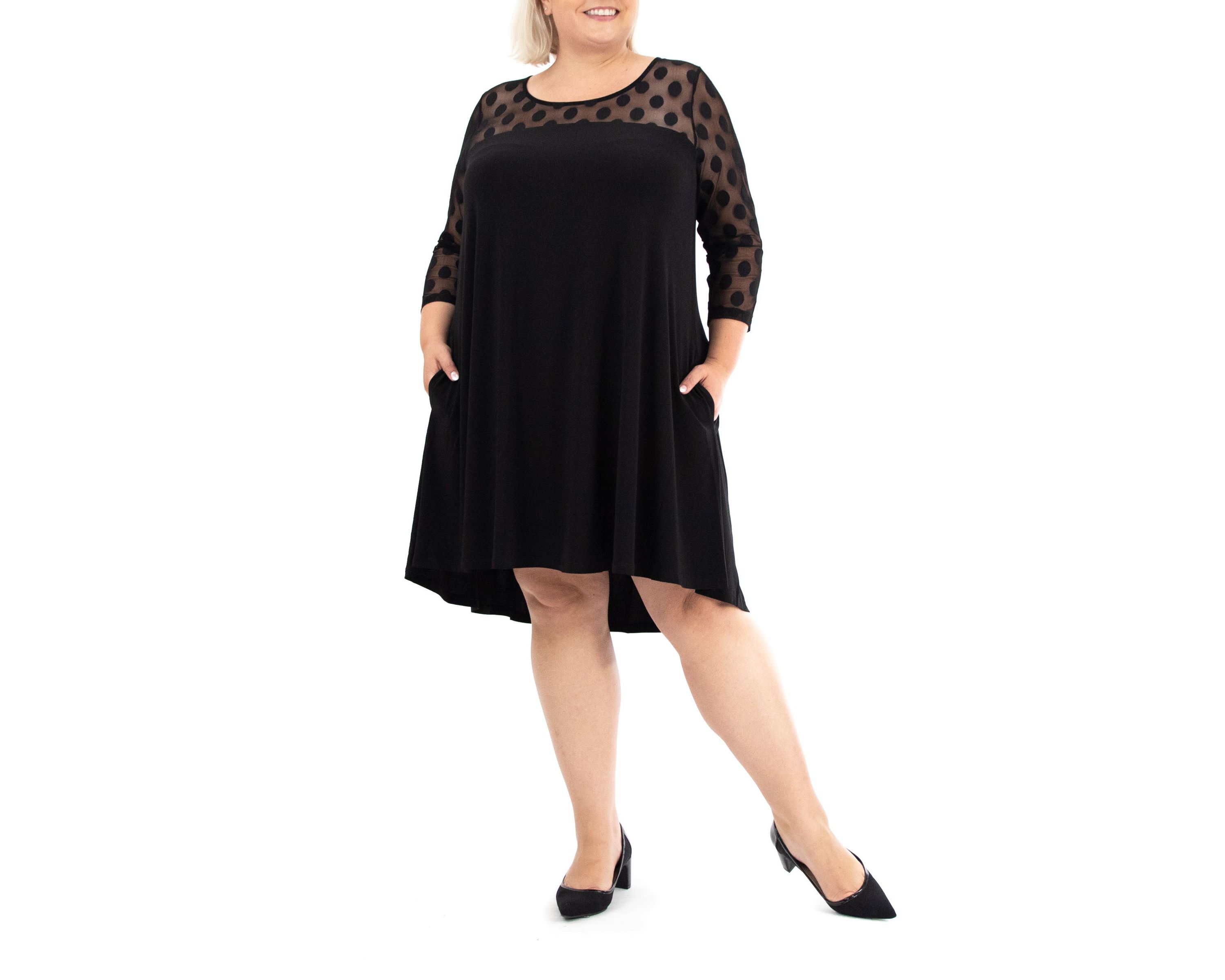 3/4 Sleeve Trapeze Dress With Dot Illusion Yoke