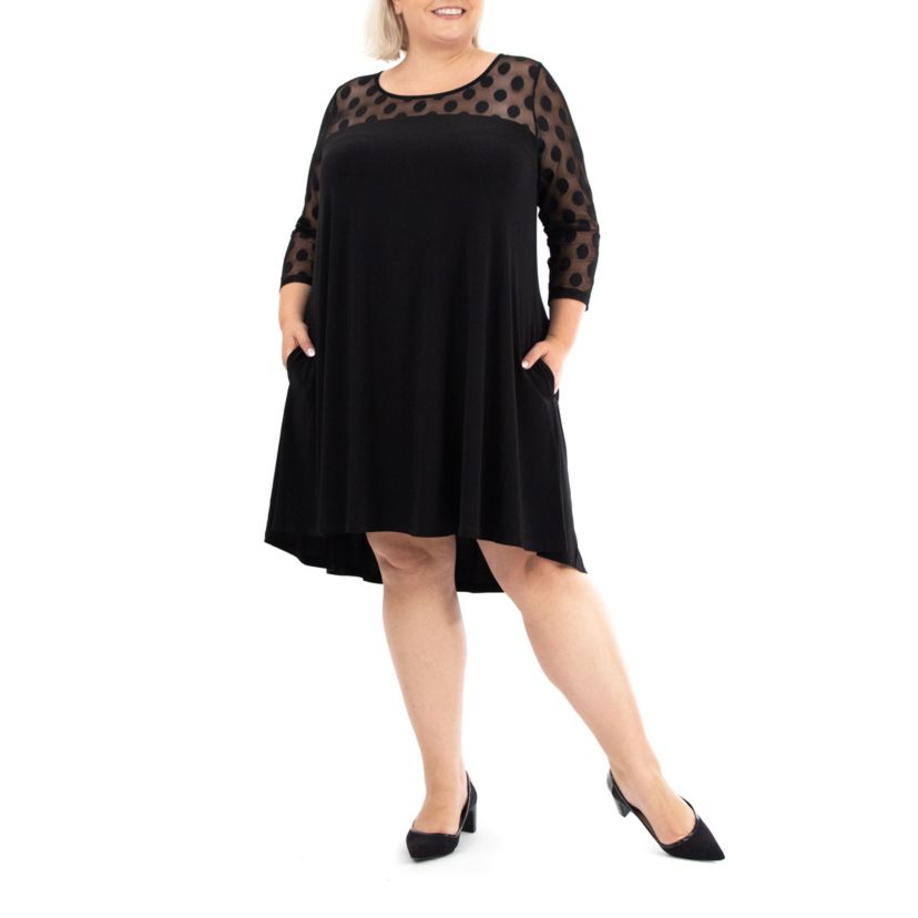 3/4 Sleeve Trapeze Dress With Dot Illusion Yoke
