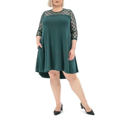 Nina Leonard Women's 3/4 Sleeve Trapeze Dress With Dot Illusion Yoke