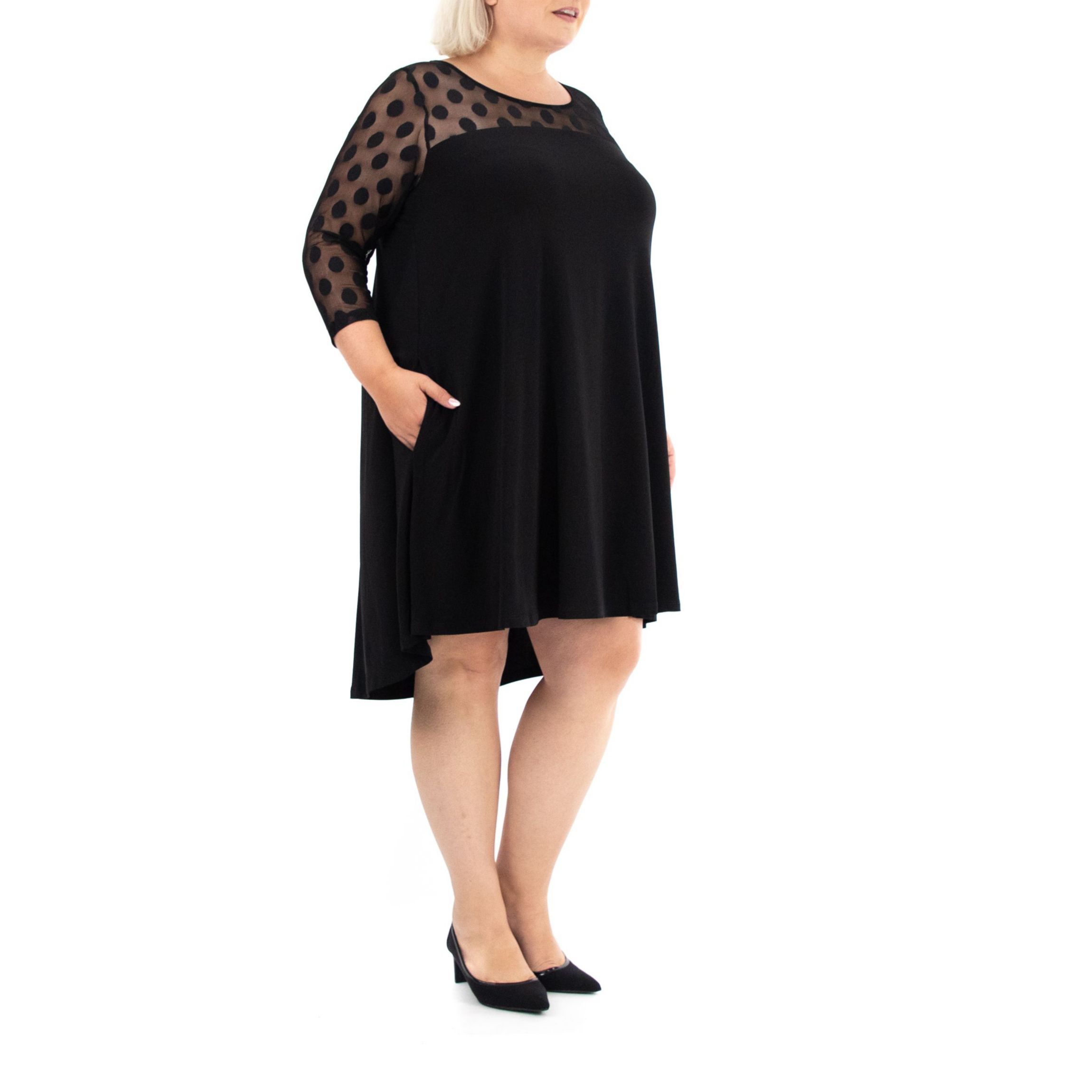 3/4 Sleeve Trapeze Dress With Dot Illusion Yoke