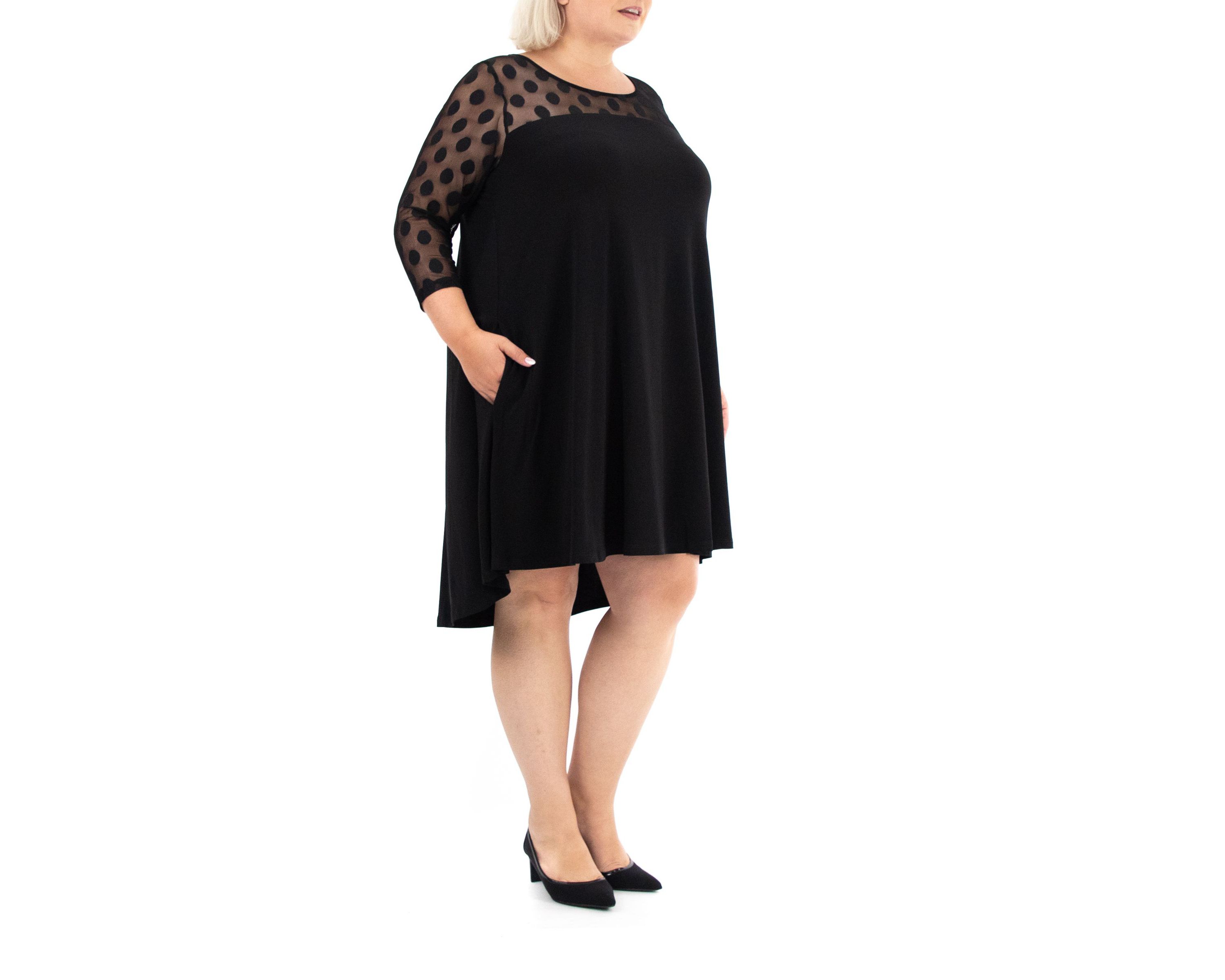 3/4 Sleeve Trapeze Dress With Dot Illusion Yoke