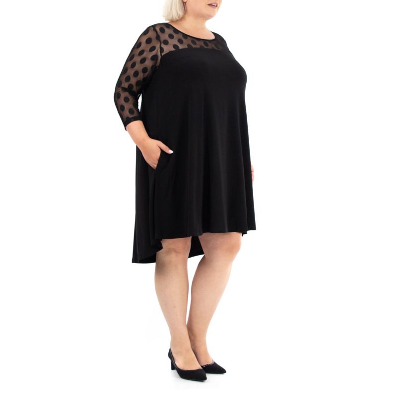 3/4 Sleeve Trapeze Dress With Dot Illusion Yoke
