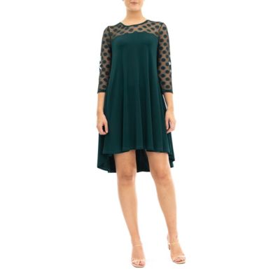 Nina Leonard Women's 3/4 Sleeve Trapeze Dress With Dot Illusion Yoke