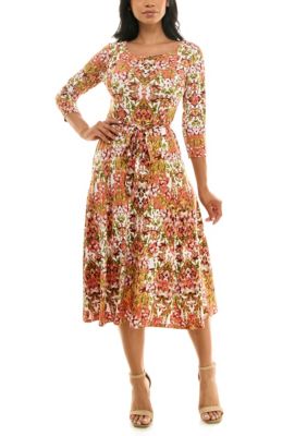 Nina Leonard Women's 3/4 Sylvia Midi Dress With Belt, Medium